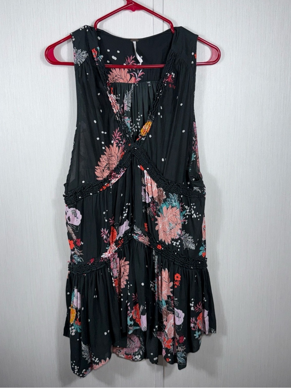 Free People Black Floral Babydol Asymmetrical Tiered Tunic - Ruffle Accents